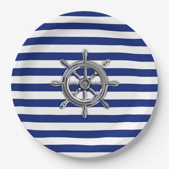 Assiettes En Carton Chrome Comme Roue sur les rayures nautiques (Devant)