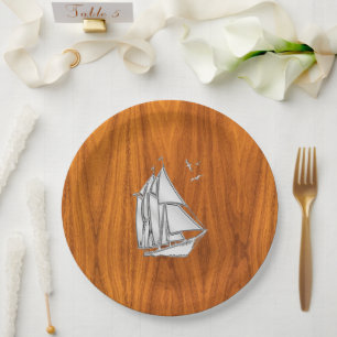 Assiettes En Carton Chromes Silver like Sailboat on Teak Veneer
