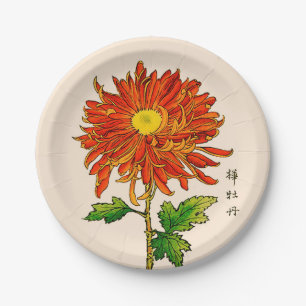Assiettes En Carton Chrysanthème japonais vintage. Orange et or
