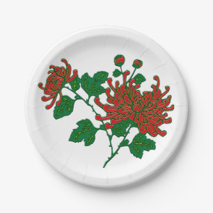 Assiettes En Carton Chrysanthèmes araignées chinois - rouge profond