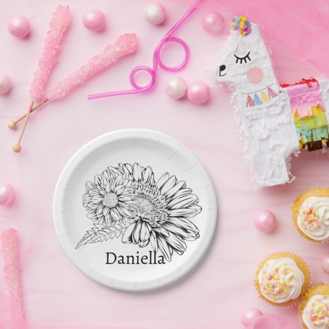 Assiettes En Carton Chrysanthemum Black Line Drawing with Your Name  (Fête)
