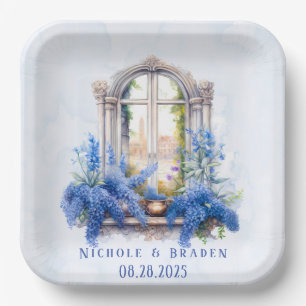 Assiettes En Carton Church View Blue Watercolor Mariage élégant