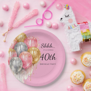 Assiettes En Carton Chut! Fête d'anniversaire rose, argent et or Surpr