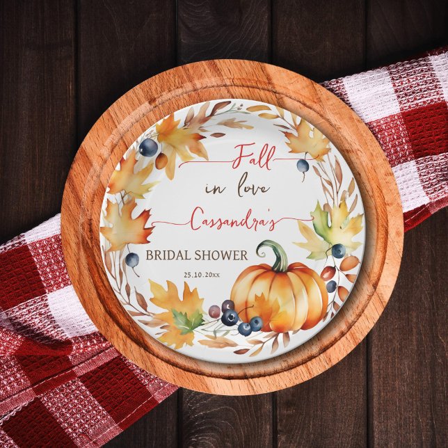 Assiettes En Carton Chute amoureuse citrouille feuille wreath nuptiale (Fall in love autumn themed bridal shower tableware personalized plates pumpkin leaves berries wreath)