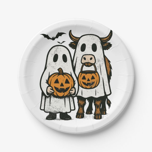 Assiettes En Carton Chute Cute Vache Highland Ghost Halloween (Devant)