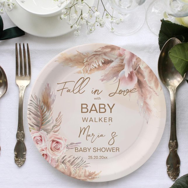 Assiettes En Carton Chute d'amour pampas herbe baby shower boho (Fall in love baby shower personalized plates pampas grass boho roses pastel beige fall themed baby)