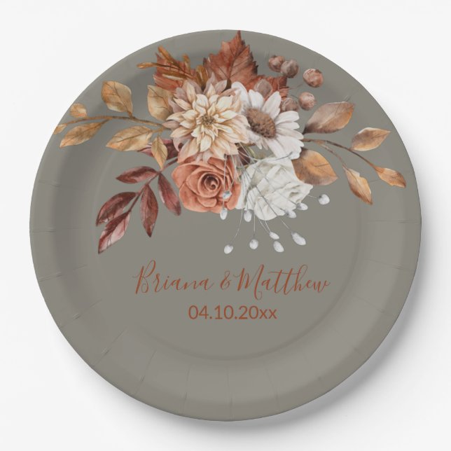 Assiettes En Carton Chute Floral Bouquet Gris Plaques de papier Mariag (Devant)