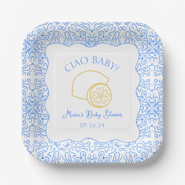 Assiettes En Carton Ciao Baby ! Baby shower italien citron bleu (Recto)