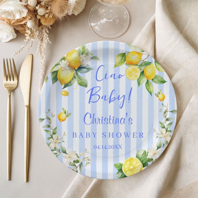 Assiettes En Carton Ciao Baby Blue Lemons Baby Shower Paper Plate (Ciao Baby Blue Stripe Lemons Baby Shower plates)