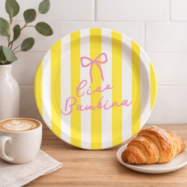 Assiettes En Carton Ciao Bambina Yellow Stripe Lemon Baby Shower (Ciao-Bambina-Yellow-Stripe-Lemon-Baby-Shower-Paper-Plates)