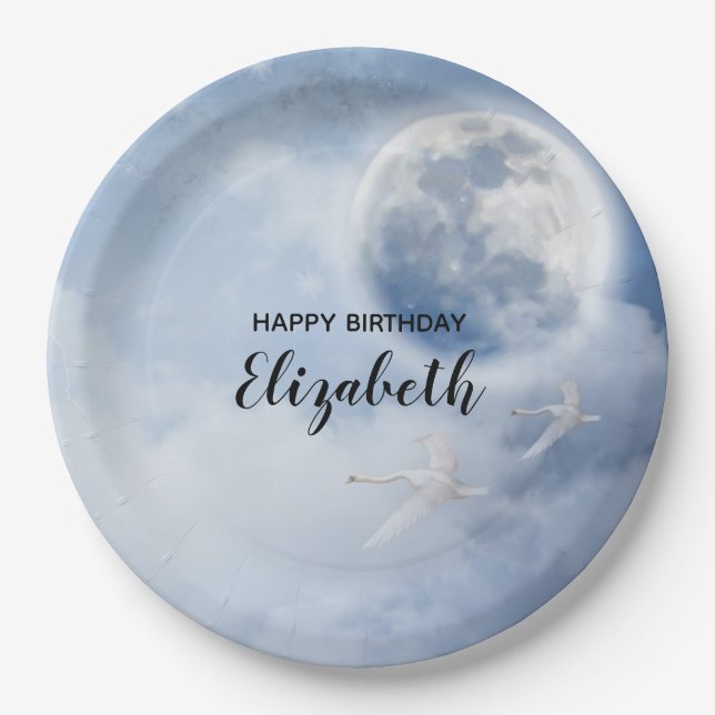 Assiettes En Carton Ciel Bleu Magnifique avec des Cygnes Volants Anniv (Devant)