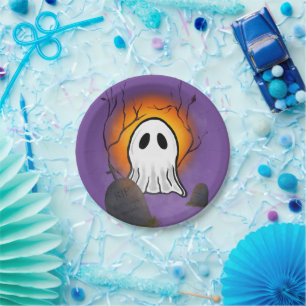 Assiettes En Carton Ciel violet Orange Lune Fantôme dans un cimetière