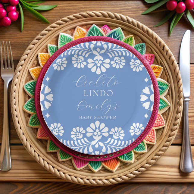 Assiettes En Carton Cielito lindo bleu poussiéreux baby shower mexicai (Cielito lindo dusty blue Mexican baby shower monogrammed Paper Plates personalized table decor)