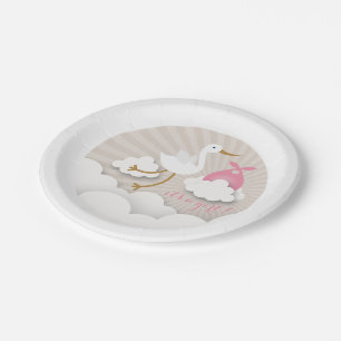 Assiettes En Carton Cigogne + Nuages avec le baby shower rose de fille