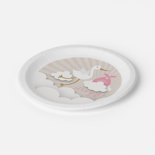Assiettes En Carton Cigogne + Nuages avec le baby shower rose de fille (Angle)