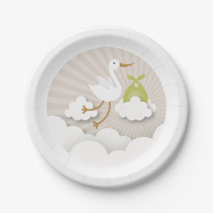 Assiettes En Carton Cigogne + Nuages avec le baby shower vert de