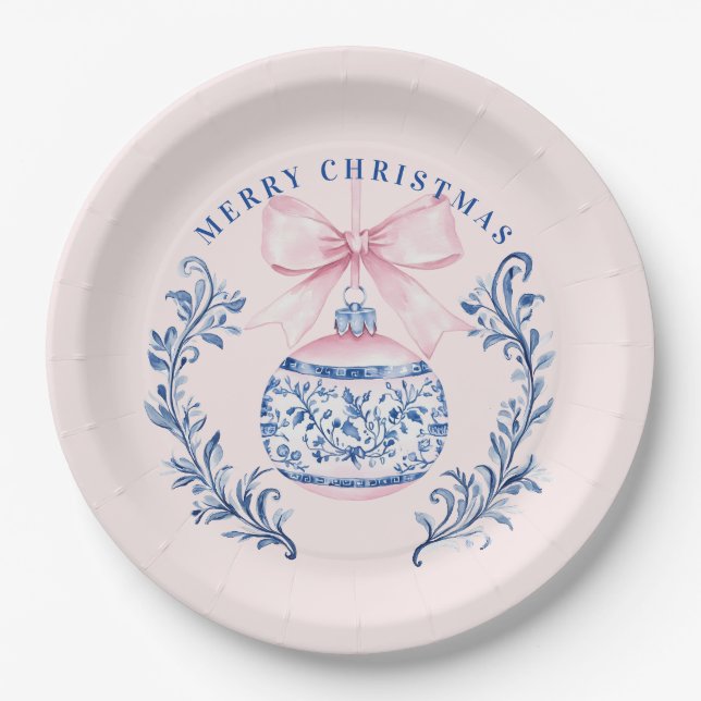 Assiettes En Carton Cimetière de Noël rose et bleu Damas (Devant)