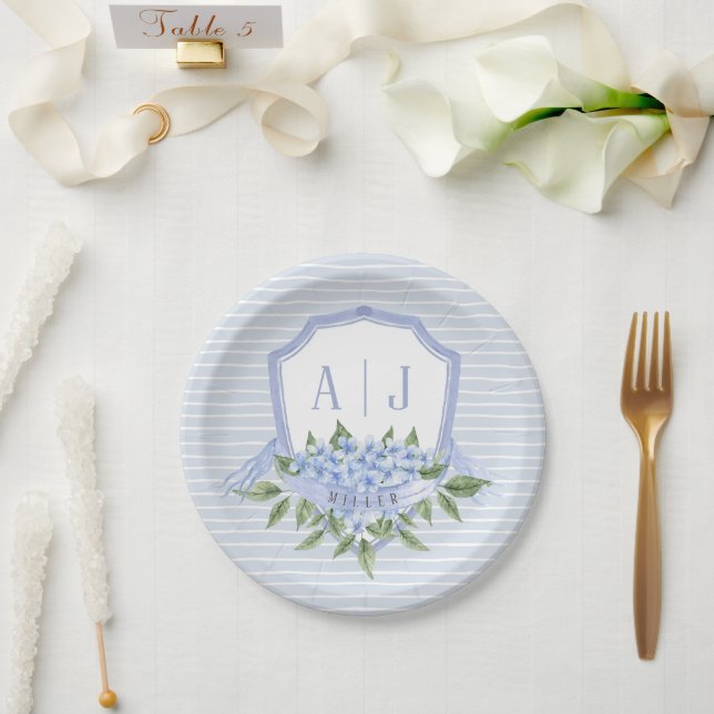 Assiettes En Carton Cimetière Monogram Hydrangea Bleue avec des rayure (Mariage)