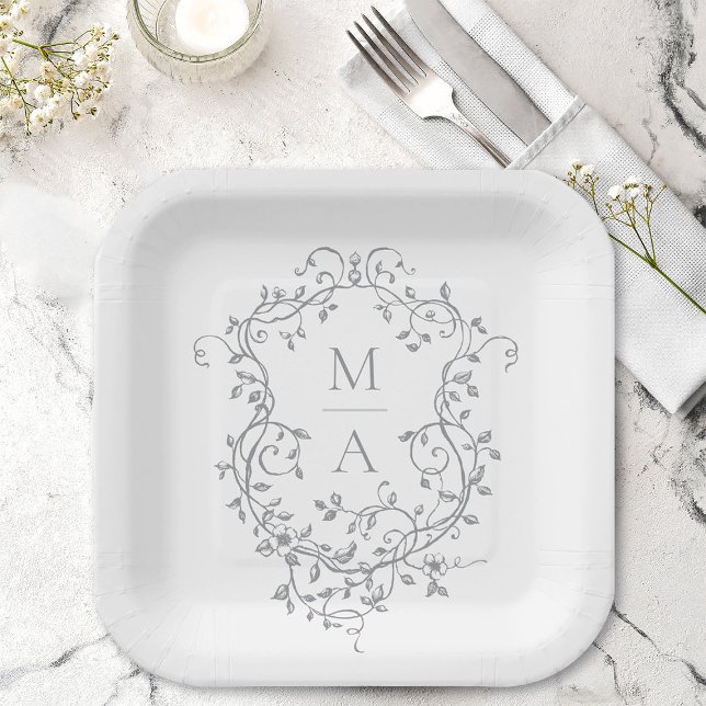 Assiettes En Carton Cimier floral gris classique Monogramme Mariage (Créateur téléchargé)