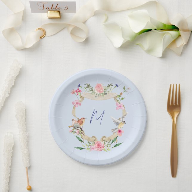 Assiettes En Carton Cimier floral Monogramme Bleu (Mariage)