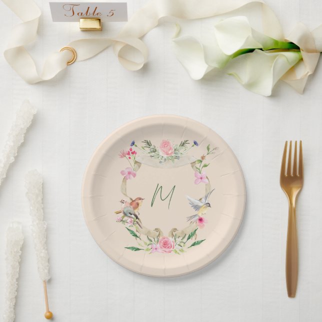 Assiettes En Carton Cimier floral Monogramme Sexe Neutre (Mariage)