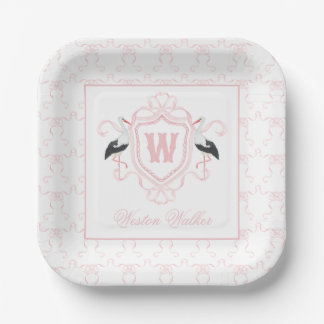 Assiettes En Carton Cimier Monogramme à l'Archet de Cigogne Rose Aquar