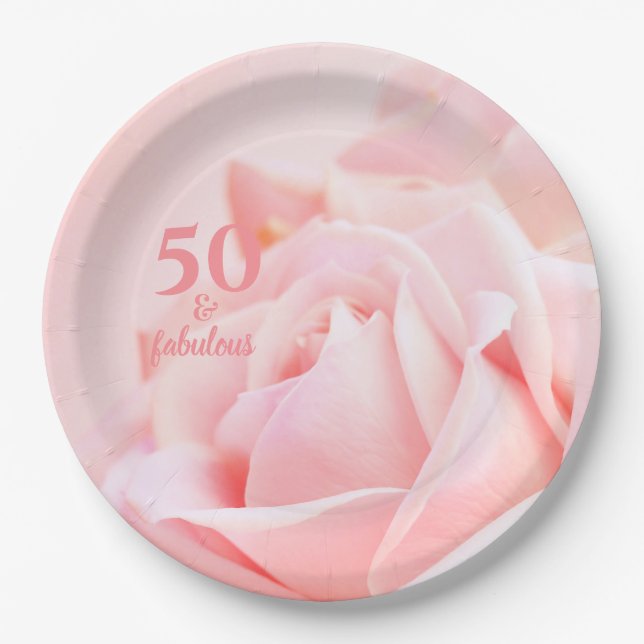 Assiettes En Carton Cinquante et fabuleux | Rose rose 50e anniversaire (Devant)