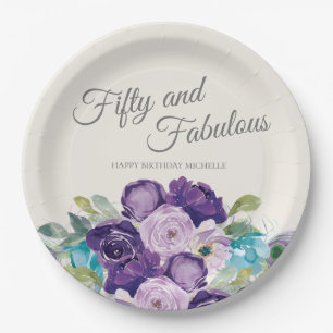 Assiettes En Carton Cinquante Fabuleux Anniversaire Purple Bleu Floral