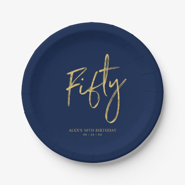 Assiettes En Carton Cinquante | Gold & Navy Blue Lettering 50th Birthd (Devant)