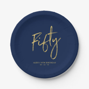 Assiettes En Carton Cinquante   Lettre dorée et bleu marine 50e annive