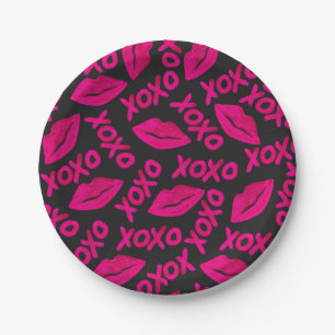 Assiettes En Carton Citation XOXO noir Neon rose lèvres Motif