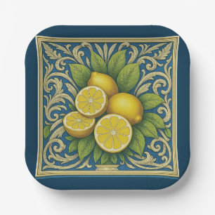 Assiettes En Carton Citron Amalfi Bleu Méditerranée Art Nouveau