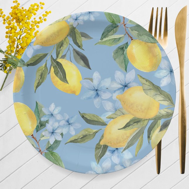 Assiettes En Carton Citron et Fleur à l'aquarelle bleue (Watercolor Lemon & Blue Flower Paper Plates for Main Squeeze Bridal Shower or Little Lemon Baby)