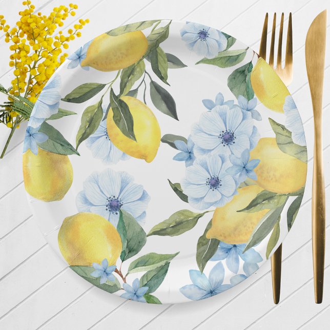 Assiettes En Carton Citron et Fleur Aquarelle Blanche (Watercolor Lemon & Blue Flower Paper Plates for Main Squeeze Bridal Shower or Little Lemon Baby)