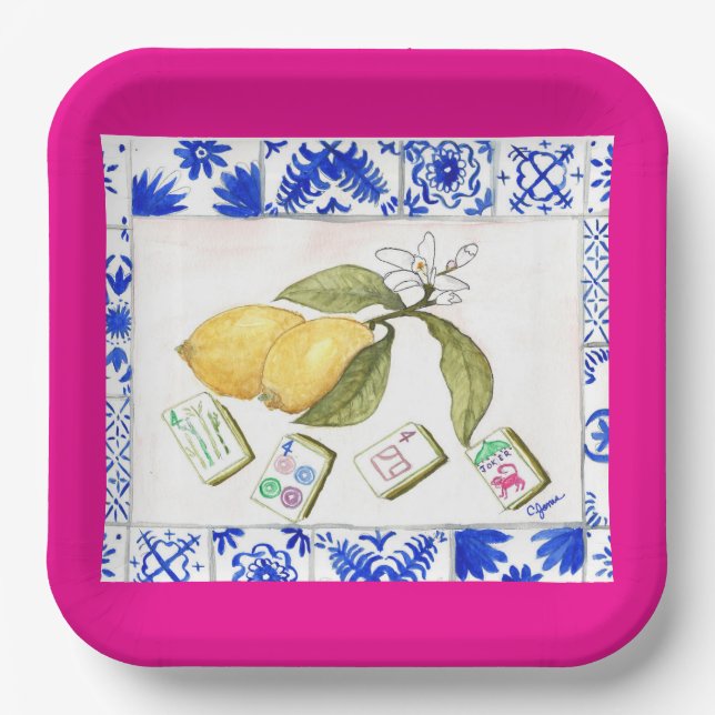 Assiettes En Carton citron mahjong fuchsia (Recto)