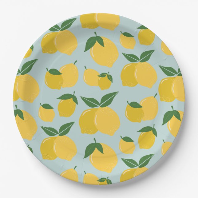 Assiettes En Carton Citron Motif Fruit Rétro Jaune Sur Vert (Devant)