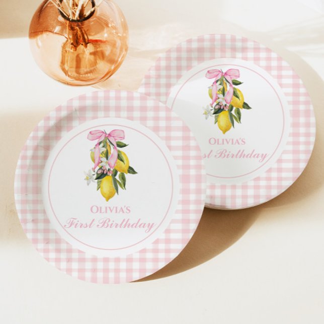 Assiettes En Carton Citron Pink Bow preppy Coquette 1er anniversaire (Créateur téléchargé)