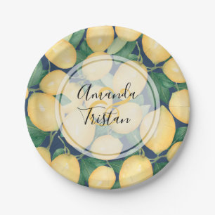 Assiettes En Carton Citrons aquarelle sur bleu marine Personnalisé
