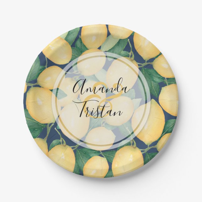Assiettes En Carton Citrons aquarelle sur bleu marine Personnalisé (Devant)
