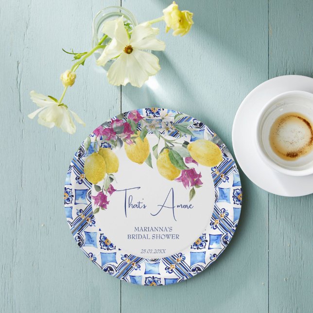 Assiettes En Carton Citrons italiens bougainvilliers agrumes douche de (That's amore Italian lemons bougainvillea citrus bridal shower paper plates personalized decor)
