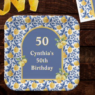 Assiettes En Carton Citrons jaunes Bleu Méditerranée Amalfi Anniversai