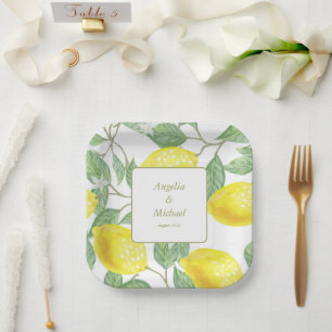 Assiettes En Carton Citrons Jaunes d'or moderne Mariage Feuille vert