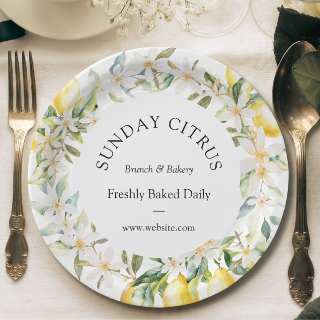 Assiettes En Carton Citrons jaunes et fleurs blanches Courbe florale (In situ)