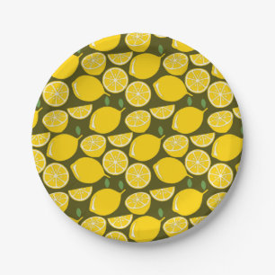Assiettes En Carton Citrons jaunes et motif vert olive : Citrus modern