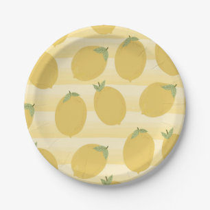 Assiettes En Carton Citrons Jaunes Été Fruits Aquarelle Rayure Fête