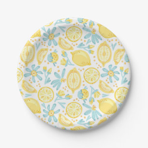 Assiettes En Carton Citrons jaunes & Fleurs bleues pastel Motif