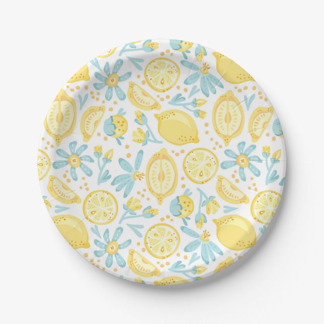 Assiettes En Carton Citrons jaunes & Fleurs bleues pastel Motif (Devant)