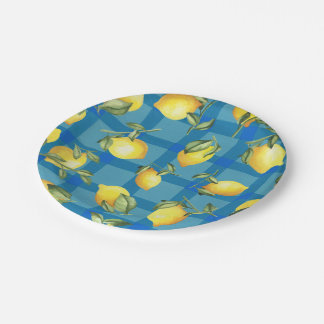 Assiettes En Carton Citrons sur le plaid bleu