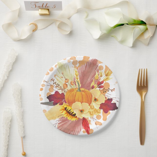 Assiettes En Carton Citrouille aquarelle et Thanksgiving floral (Mariage)