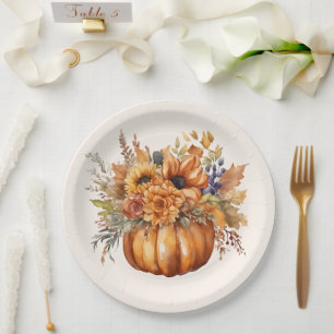 Assiettes En Carton Citrouille avec fleurs-Thanksgiving-
